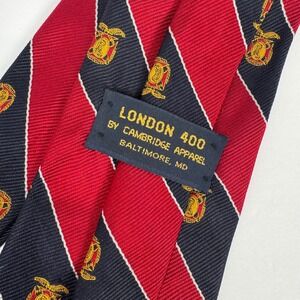 London 400 Necktie Men OS Red Navy Blue Silk Crested Striped Tie Preppy Made USA